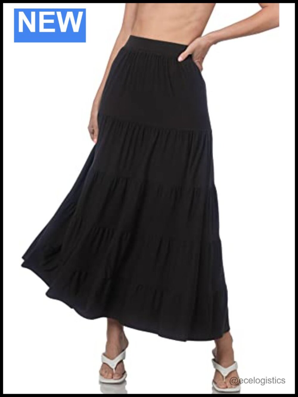 Women's Elastic Waist Tiered Ruffle Maxi Skirt A-Line Pleated